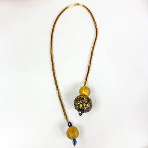 Artisan Art Glass Gold Aurene Beads Gold Tone Chain Chunky Lariat Necklace
